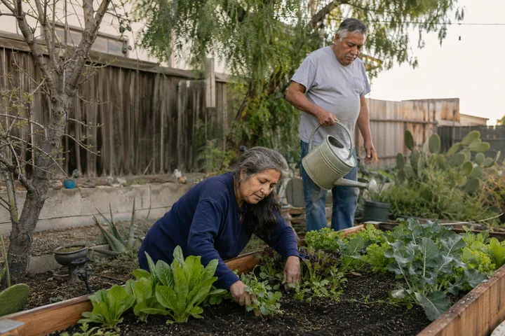 An older couple tending vegetables in their backyard