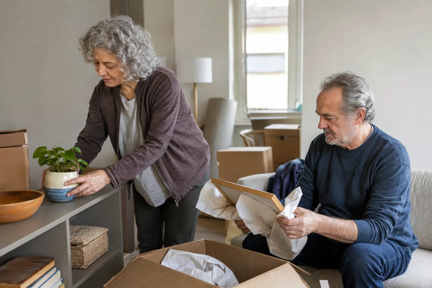 An older couple unpacking belongings in their new home